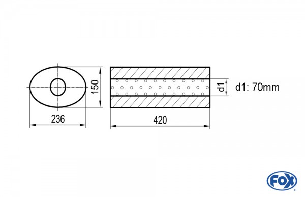 Uni-Schalldämpfer oval ohne Stutzen - Abwicklung 618 236x150mm, d1Ø 70mm, Länge: 420mm