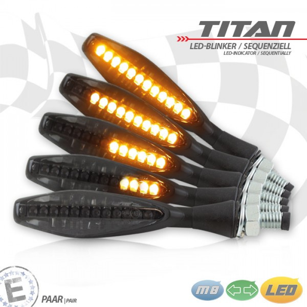 LED-Blinker "TITAN" | SEQ | Alu | schwarz | M8 Paar | getönt | L 85 x B 18,4 x H 15mm | E-geprüft