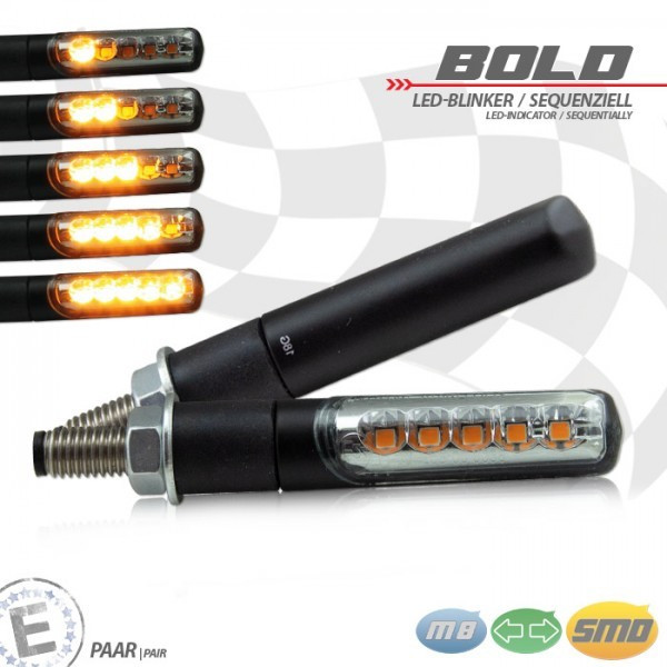 LED-Blinker "BOLD" | SEQ | Alu | schwarz | M8 Paar | getönt | L 65 x Ø 19mm | E-geprüft