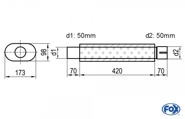 Uni-Schalldämpfer oval mit Stutzen - Abwicklung 450 173x98mm, d1Ø 50mm d2Ø 50,5mm, Länge: 420mm