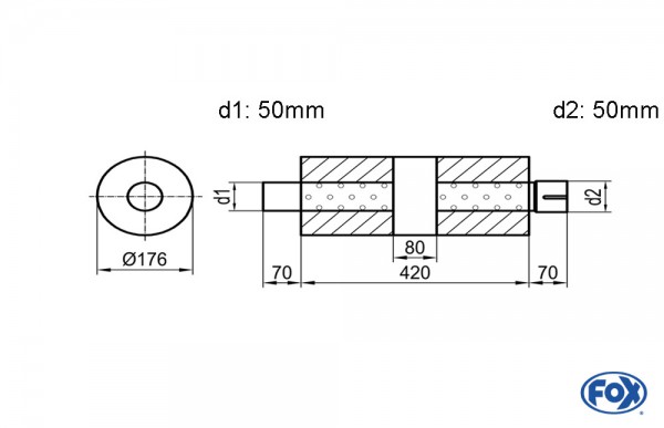 Uni-Schalldämpfer rund mit Kammer + Stutzen - Abw. 556 Ø 176mm, d1Ø 50mm (außen), d2Ø 50mm (innen),