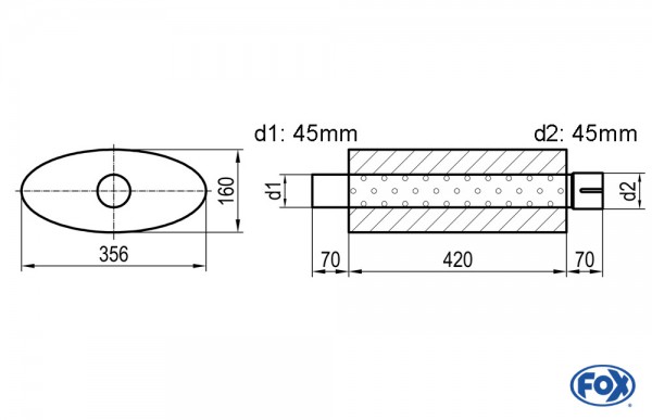 Uni-Schalldämpfer oval mit Stutzen - Abwicklung 818 356x160mm, d1Ø 45mm d2Ø 45,5mm, Länge: 420mm