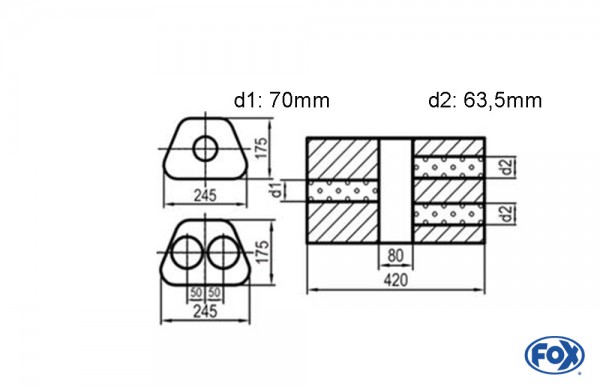 Uni-Schalldämpfer Trapezoid zweiflutig mit Kammer - Abw. 711 245x175mm, d1Ø 70mm d2Ø 60mm, Länge: 4