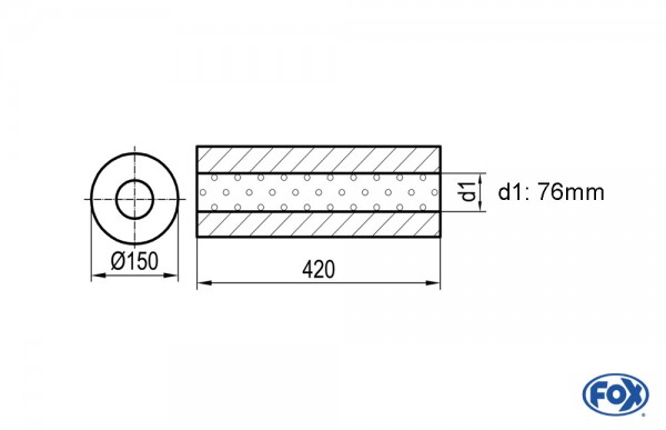 Uni-Schalldämpfer rund ohne Stutzen - Abwicklung 466 Ø 150mm, d1Ø 76mm -, Länge: 420mm