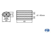 FOX Uni-Schalldämpfer oval zweiflutig aus Edelstahl, Abwicklung 525 204x117mm, d1Ø 45mm, Länge 420mm FOX Uni-Schalldämpfer oval zweiflutig aus Edelstahl, Abwicklung 525 204x117mm, d1Ø 45mm, Länge 420mm