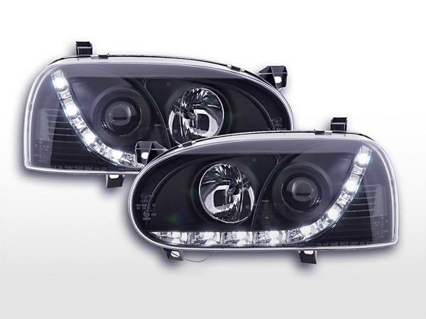 Scheinwerfer Set Daylight LED Tagfahrlicht VW Golf 3 91-97 schwarz für Rechtslenker
