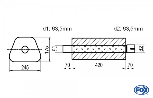 FOX Uni-Schalldämpfer Trapezoid Edelstahl 245x175mm d1Ø 63,5mm außen d2Ø 63,5mm innen Länge 420mm