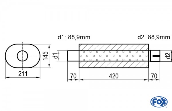 FOX Uni-Schalldämpfer oval Edelstahl 211x145mm, Länge 420mm