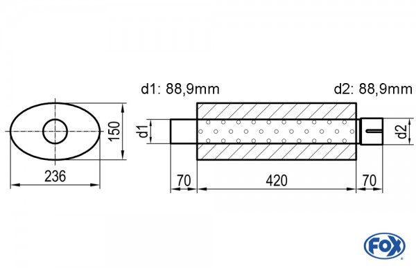 Uni-Schalldämpfer oval mit Stutzen - Abwicklung 618 236x150mm, d1Ø 88,9mm außen / d2Ø 88,9mm innen,