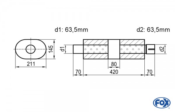 FOX Uni-Schalldämpfer Oval mit Kammer und Stutzen aus Edelstahl