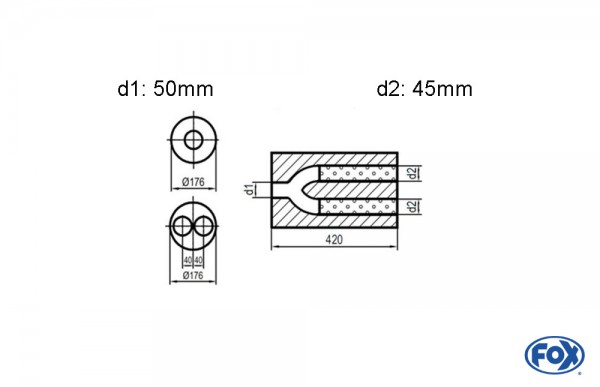 Uni-Schalldämpfer rund zweiflutig mit Hose- Abwicklung 556 Ø176mm, d1Ø 50mm außen, d2Ø 45mm außen, L