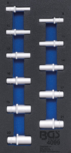 Werkstattwageneinlage 1/3: Steckschlüssel-Einsätze Sechskant | 10 mm (3/8") | in Zollgrößen| tief |