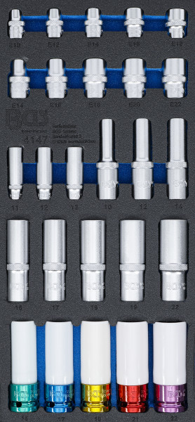 Werkstattwageneinlage 1/3: Steckschlüssel-Einsätze | Sechskant, tief 11 - 22 mm | E-Profil E10 - E22