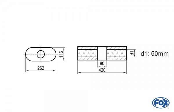 Uni-Schalldämpfer oval ohne Stutzen mit Kammer - Abw. 650 262x116mm, d1Ø 50mm, Länge: 420mm