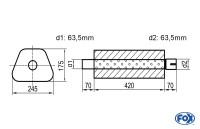 FOX Uni-Schalldämpfer Trapezoid Edelstahl 245x175mm d1Ø 63,5mm außen d2Ø 63,5mm innen Länge 420mm FOX Uni-Schalldämpfer Trapezoid Edelstahl 245x175mm d1Ø 63,5mm außen d2Ø 63,5mm innen Länge 420mm