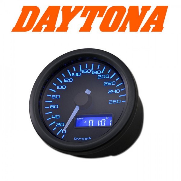 Daytona Digitalt. "Velona" | Ø 60mm | -260 km/h Tacho/Uhr/Voltanz./blaue Bel. | E-geprüft | schw.