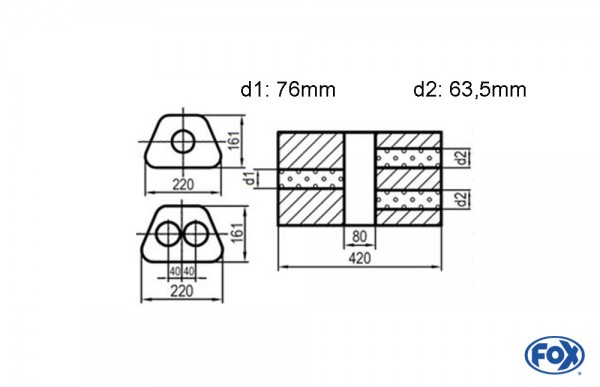 Uni-Schalldämpfer Trapezoid zweiflutig mit Kammer - Abw. 644 220x161mm, d1Ø 76mm d2Ø 63,5mm, Länge: