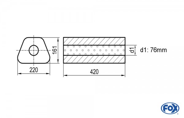 Uni-Schalldämpfer Trapezoid ohne Stutzen - Abwicklung 644 220x161mm, d1Ø 76mm, Länge: 420mm