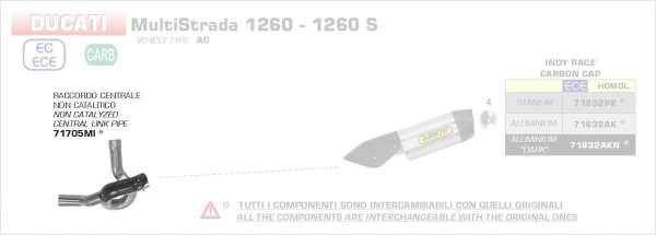 71705MI-Arrow Zwischenrohr Zentral, Ohne Katalysator Ducati Multistrada 1260 / 1