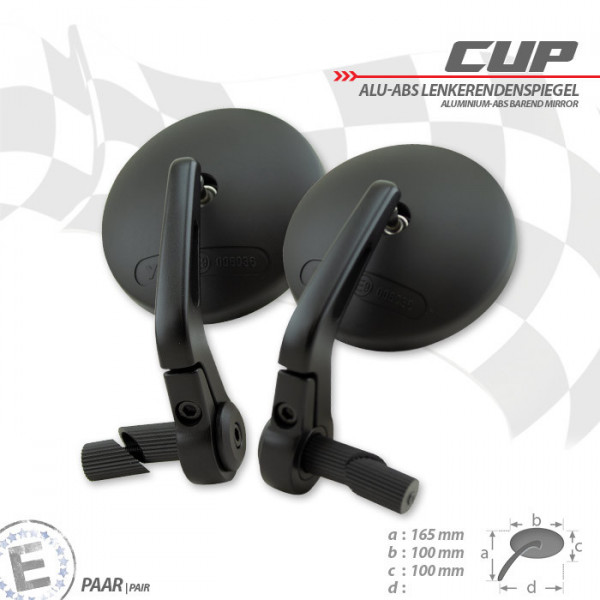Lenkerendenspiegel "CUP" | ABS/Alu | schwarz Paar | Arm: 150 mm | L x Ø 100 mm | E-geprüft