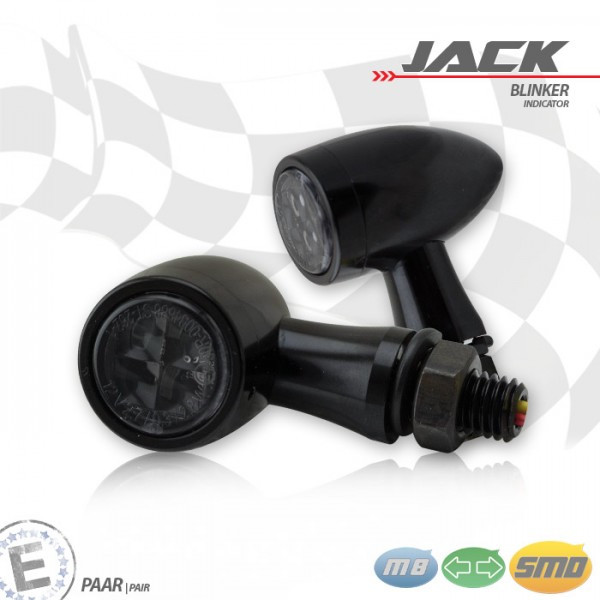 SMD-Blinkerset "Jack" | schwarz | Zierring schwarz M8 | Alu | getönt | Ø 22 x T 37 mm | E-geprüft