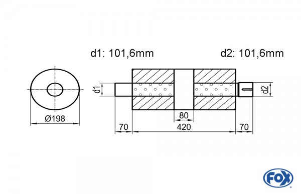 Uni-Schalldämpfer rund mit Kammer + Stutzen - Abw. 626 Ø 198mm, d1Ø 101mm (außen) d2Ø 101mm (innen)