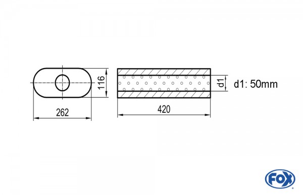 FOX Uni-Schalldämpfer oval ohne Stutzen Edelstahl, Länge 420mm, d1Ø 50mm, Abwicklung 650 262x116mm