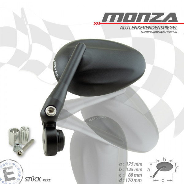 Lenkerendenspiegel "Monza" | Alu | schwarz | M6 Stck | verst | Arm 123mm | 125 x 88 mm | E-geprüft