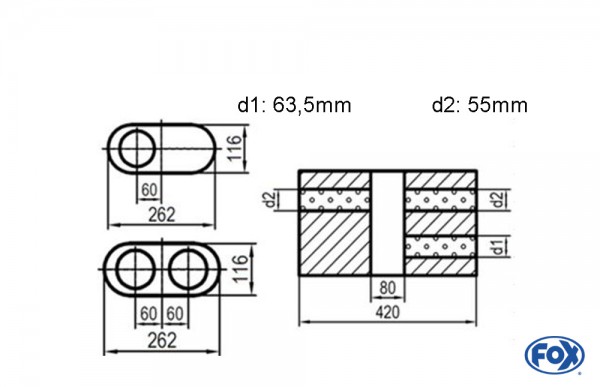 Uni-Schalldämpfer oval zweiflutig mit Kammer - Abw. 650 262x116mm, d1Ø 63,5mm d2Ø 55mm, Länge: 420m