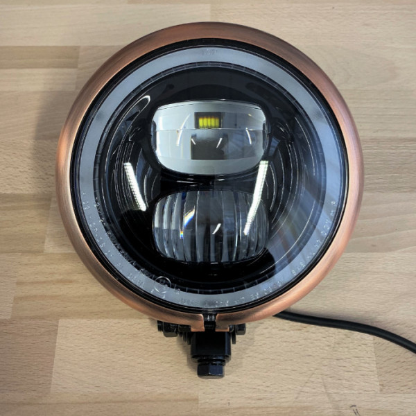 LED-Scheinwerfer "Pearl" 5-3/4" | schwarz/kupfer M10 unten | Glas Ø=145mm | E-geprüft