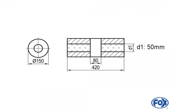 FOX Uni-Schalldämpfer rund ohne Stutzen mit Kammer aus Edelstahl Ø150mm, Länge 420mm